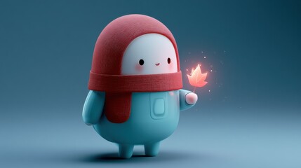 Fototapeta premium A small character stands in a vast area, holding a glowing leaf with a gentle look on its face, creating a warm and inviting scene.