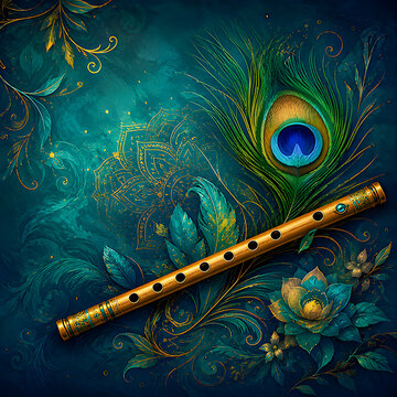 Traditional golden flute bansuri with peacock feather on ornate dark floral background