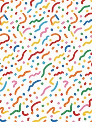 Fototapeta premium Abstract pattern with colorful confetti dots and wavy lines on white background, suggesting a fun, festive celebration. Great for party invites, kid designs, and joyful decor.