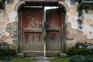 Obraz premium Weathered red wooden gate stands open revealing overgrown courtyard. Ancient crumbling wall surrounds traditional rural entryway. Moss covers stone pathway near old building.