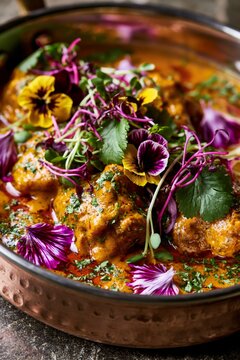 Modern fine dining Indian cuisine with artistic curry plating, edible flowers, microgreens, elegant restaurant presentation