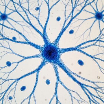 Microscopic view of blue neuron cells with branching dendrites and distinct nuclei. Neural network detail, scientific research and brain structure study.