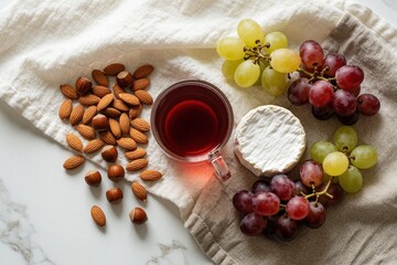 Obraz premium Top view of drink glass with red liquid and snacks. Assortment of fresh grapes, almonds, hazelnuts and brie cheese arranged on textured fabric.