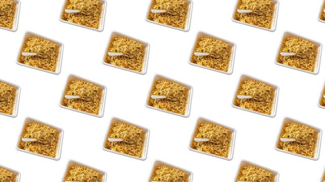 Instant noodles are shown in a repeated pattern on a white background