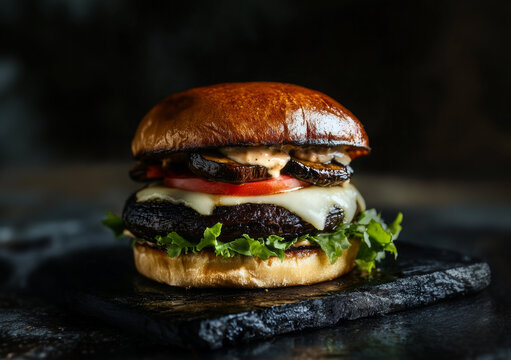 gourmet portabella mushroom burger with cheese and roasted vegetables