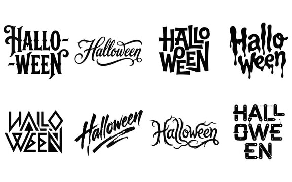 Set of eight different halloween typography designs featuring various artistic styles including dripping spooky and decorative black lettering on white background