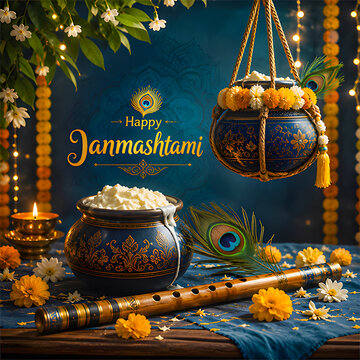 Festive janmashtami arrangement with hanging dahi handi butter pot and bamboo flute