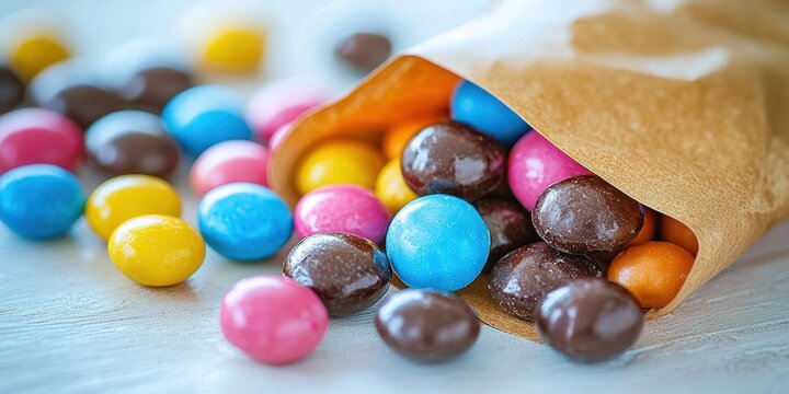 Variety of unique gummy candies shaped like cylinders, capsules, talismans, and chocolate stones, along with glazed peanuts and raisins, set against a white background