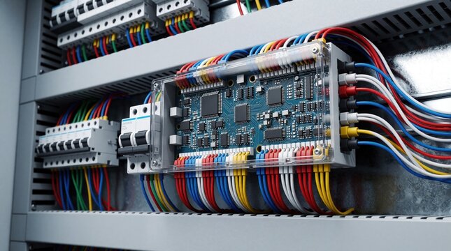 Close-up of complex electronic circuit board with colorful wires inside industrial control panel. Electrical wiring connects components in smart energy management system, modern tech infrastructure.