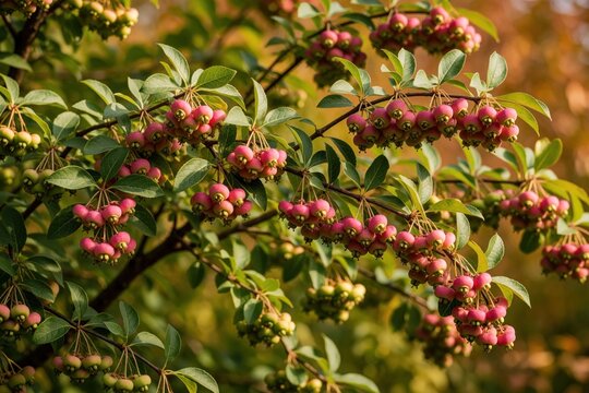 Close up of Euonymus europaeus branches with pink, green fruits. Spindle tree berries ripen on deciduous shrub in autumn forest. Ornamental plant capsule grows on green leaves during fall season.