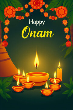 Happy Onam Celebration with Traditional Indian Culture and Festive Symbolism