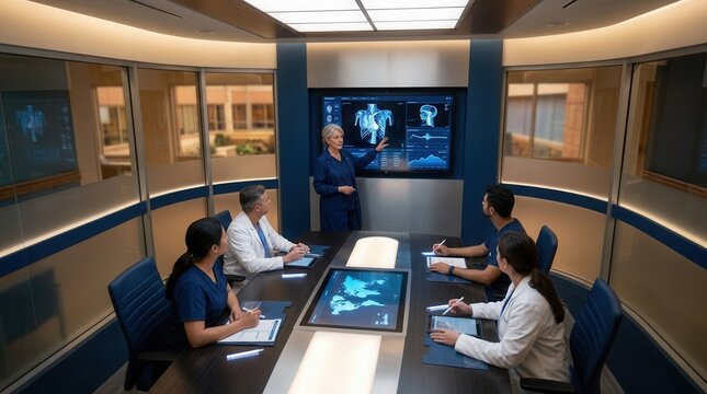Medical Professionals Collaborate In Modern Conference Room Examining Digital Health Data