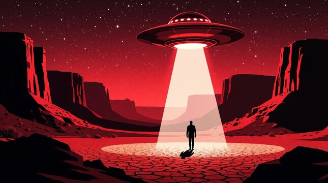 A man stands alone in a desert canyon under a red sky. A flying saucer hovers overhead, casting a bright light beam onto the ground, suggesting an alien abduction event.