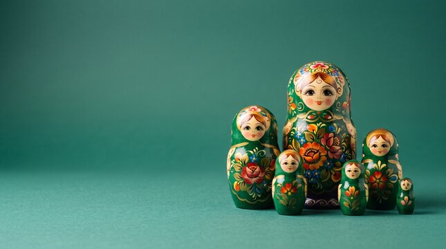 Colorful Russian nesting dolls arranged in pyramid display