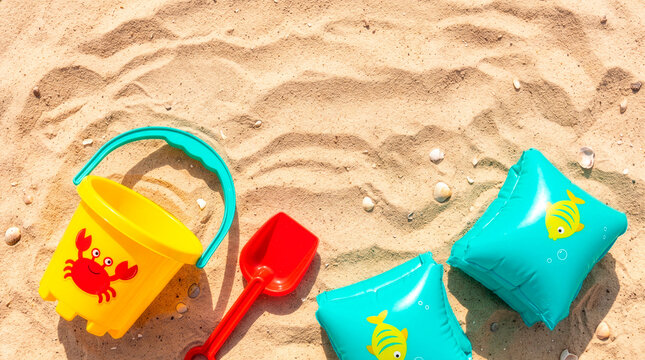 Beach Toys on Sand: A bright yellow bucket with a crab design, a red shovel, and two blue armbands lie scattered on textured sand, hinting at a day of fun in the sun.