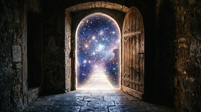 Mystical open door revealing a cosmic galaxy pathway leading to unknown possibilities and spiritual exploration.