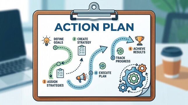 Action plan infographic showing a step-by-step process from defining goals to achieving results with icons and arrows.