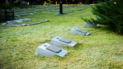 Three fallen grave markers on grassy cemetery slope with upright stone behind, daylight, weathered concrete, leaf litter, evergreen shrub, wrought iron fence, mature trees © Vera Aksionava