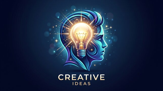 Creative concept profile with glowing lightbulb inside head silhouette for innovation and visionary thinking.