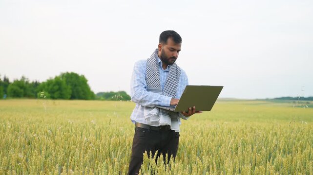 Pakistani agronomist using laptop in wheat field for digital farming