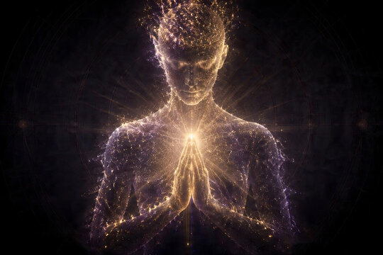 Glowing human silhouette with cosmic energy particles.