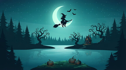 Naklejka premium Enchanting Halloween night with witch flying over lake near forest and haunted house for magical holiday ambiance.