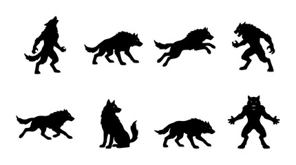 Obraz premium Werewolf Silhouettes Vector Set, Mythical Creature Poses, Dark Fantasy Animal Icons, Horror Halloween Graphic Elements