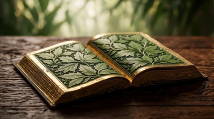 Fototapeta premium Open ancient book with green leaf patterns on golden pages rests on dark wood table. Intricate botanical design covers pages. Magical fantasy literature object sits in soft light. Old mystical tome