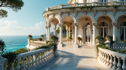 Obraz premium Luxury mansion balcony with marble columns, stone arches overlooks blue Mediterranean sea. Elegant villa terrace features white balustrade, green plants, flowers. High end real estate architecture