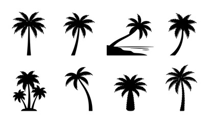 Fototapeta premium Silhouette Palm Tree Vector Icons Set: Tropical Island Beach Vacation Elements, Summer Holiday Graphics