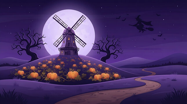 Old windmill standing on pumpkin patch hill under giant glowing moon in vibrant purple night sky for halloween seasonal background and festive atmosphere.