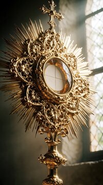 Golden monstrance with eucharist host inside. Ornate religious artifact shines with divine light. Catholic church relic displayed near window.