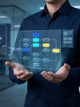 Enterprise process optimization concept featuring transparent digital workflow architecture and interconnected business operation modules