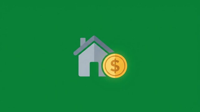 Real estate house icon with gold coin symbol on green background a flat showing a grey paired