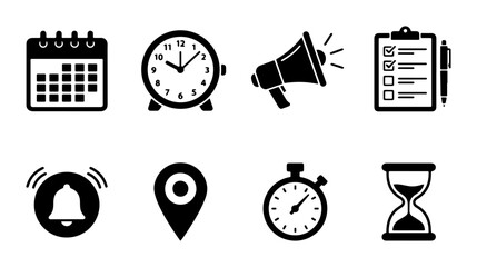 Fototapeta premium Time Management Icons: Calendar, Clock, Megaphone, Checklist, Alarm, Location, Stopwatch, Hourglass
