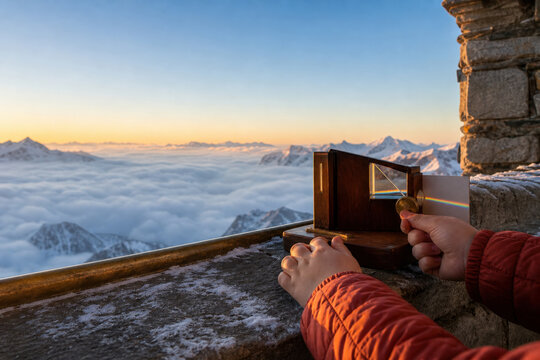 Child Hands Using Prism Spectroscope in Alpine Landscape