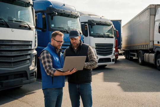 Two men check laptop with trucks in background. Truckers plan routes and discuss logistics near fleet. They use tech for transport management.