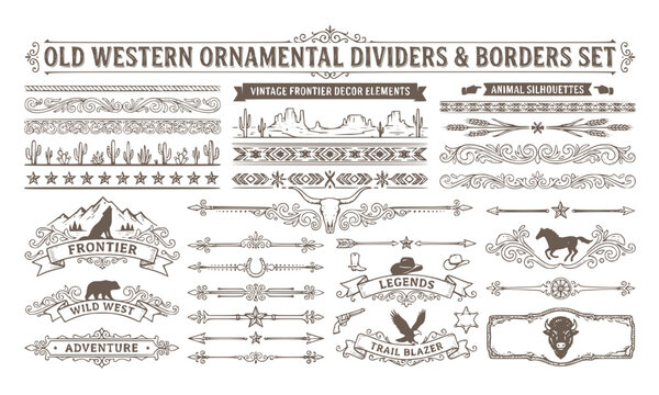 Old western ornamental divider and border set vector illustration
