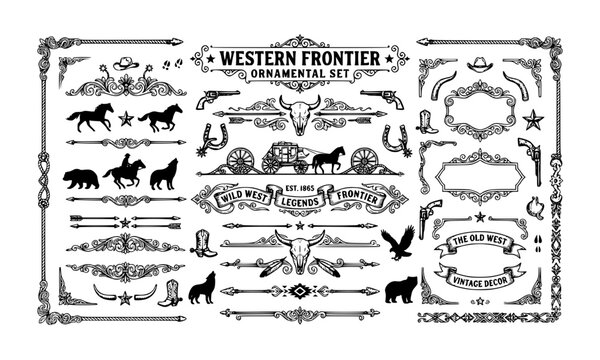Ornate border divider line and western icon collection vector