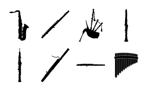 Diverse Woodwind and Reed Musical Instruments Collection, Vector Silhouettes for Music Education and Performance Graphics