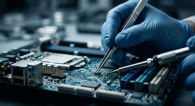 Professional technician repairing a high-end computer motherboard