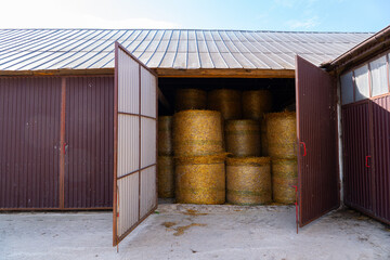 Round hay bales stored in an open farm barn, agricultural straw storage and rural countryside scene © Iryna