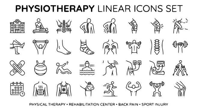 Physiotherapy and physical rehabilitation linear icons set for back pain sports injury and healthcare
