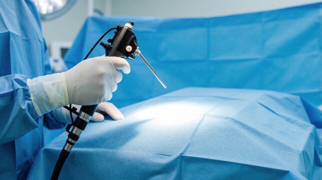 Surgeon hand in glove holds laparoscope instrument over patient draped in sterile blue fabric during surgery. Modern medical procedure in operating room uses endoscopic tech.