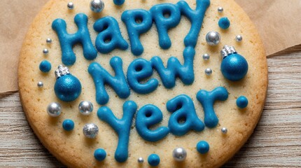 Obraz premium Decorated sugar cookie spells Happy New Year with blue icing and festive silver and blue sprinkles. Homemade festive treat for holiday celebration baking dessert.