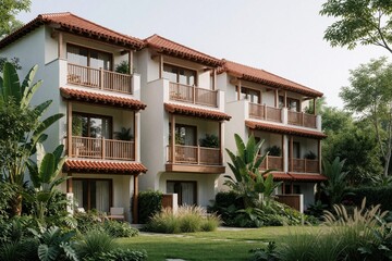 Fototapeta premium Modern three-story building styled like Mediterranean villas. Features white walls, red tile roofs, and wooden balconies rich with tropical plants and greenery surrounding it.