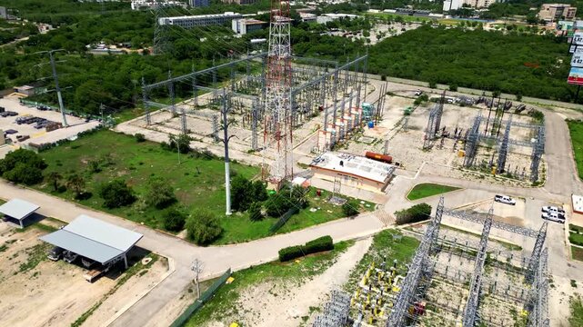 Aerial view of an electric power plant substation