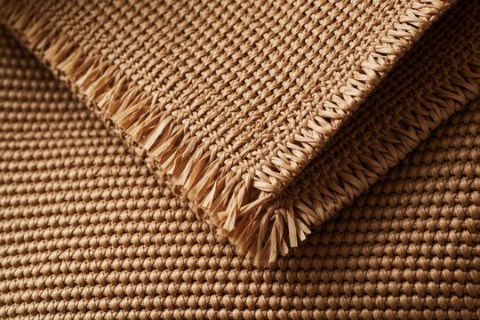 Close up of woven raffia fabric showing intricate texture and fringed edge. Natural straw material detail forms a cohesive background for craft or fashion projects.