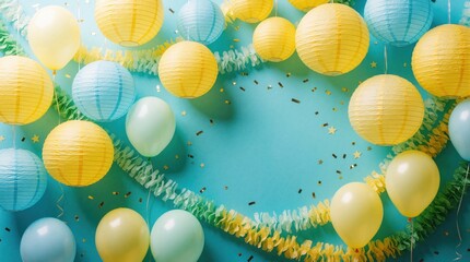 Obraz premium Colorful party decorations hang against bright blue background. Yellow, blue balloons with paper lanterns, garlands create festive mood. Confetti scattered around space for copy. Perfect for birthday
