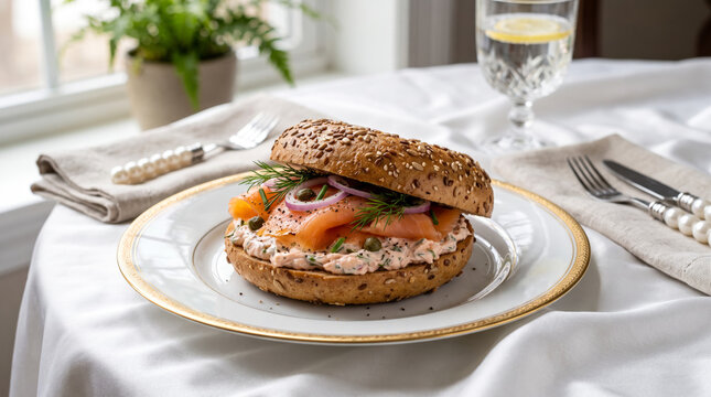 Toasted Whole Wheat Bagel with Smoked Salmon Cream Cheese and Herbs on an elegant white, gold trimmed serving plate on a table with white silk tablecloth